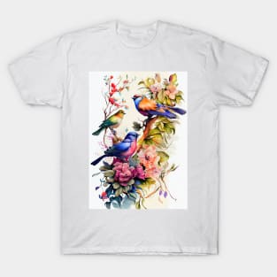 Flowers and birds watercolor art T-Shirt
